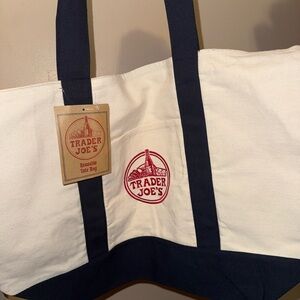Trader Joe's Large Reusable Canvas Tote Bag - White & Navy with Red Logo